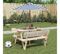 Ziaphsol Table de Pique-Nique en Bois de Sapin pour 4 Enfants avec Parasol en Polyester Bleu et Blanc, idéale pour Jardins, patios et espaces extérieurs, offrant Confort