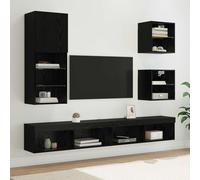 Ziaphsol Unités murales pour TV avec LED en Bois d'ingénierie Chêne Noir 5 pièces, Design Moderne pour Salon, Salle à Manger ou Bureau, avec Rangement Pratique et éclairage intégré