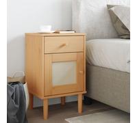 Ziaphsol Wooden Bedside Table SENJA with Rattan Surface Brown Pine Solid Wood Modern Vintage Bedroom Nightstand with Drawer and Storage Compartment for Bedroom Living Room