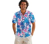 ZIATUBLES Chemise d'été boutonnée pour homme, chemise hawaïenne à manches courtes, haut décontracté, vêtements de plage, S-5XL, Palmier tropical bleu rose, M