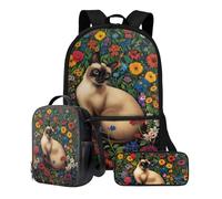 ZIATUBLES Ensemble sac à dos d'école 43,2 cm, sac à déjeuner, trousse à crayons, cartable de grande capacité pour élève du primaire, Chat siamois rétro fleur, taille unique