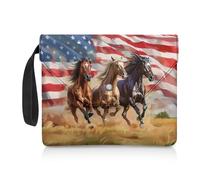 ZIATUBLES Housse de protection de livre avec drapeau américain qui court et imprimé cheval pour les amateurs de livres, grande taille, pochette de livre de poche, fermeture à bouton, accessoires de