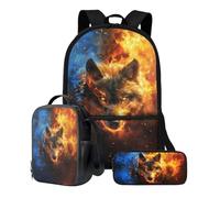 ZIATUBLES Lot de 3 sacs à dos de 43,2 cm, sac à dos de voyage, sac à déjeuner, trousse à crayons, ensemble de rentrée scolaire pour étudiant, Fire Wolf., Taille unique, Ensemble cartable