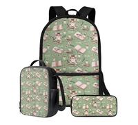 ZIATUBLES Lot de 3 sacs à dos pour école primaire, sac à livres de 43,2 cm, sac à dos de voyage, boîte à déjeuner, trousse à stylos pour élève du primaire, Dessin animé Chat Fleur Vert, Taille unique,