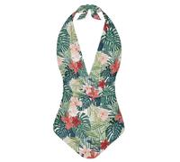 ZIATUBLES Maillot de bain une pièce pour femme avec col en V, contrôle du ventre, monokini dos nu pour la natation, le surf, Palmier Monstera Feuilles Fleur, XL