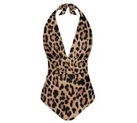 ZIATUBLES Maillot de bain une pièce pour femme avec col en V, contrôle du ventre, monokini dos nu pour la natation, le surf, Ambre léopard, XL
