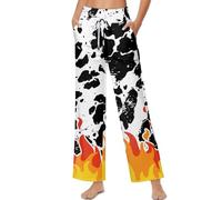 ZIATUBLES Pantalon de yoga décontracté à jambe large pour femme - Taille haute - Avec poches - Pantalon palazzo à lacets - Taille S à 2XL, Vache flamme vintage, M
