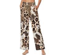 ZIATUBLES Pantalon de yoga décontracté à jambe large pour femme - Taille haute - Avec poches - Pantalon palazzo à lacets - Taille S à 2XL, Léopard de vache grunge, M