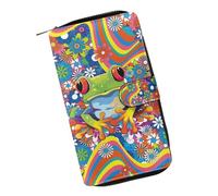 ZIATUBLES Portefeuille long à bouton-pression en similicuir pour femme avec porte-cartes et poche zippée, Grenouille florale hippie groovy, Taille unique