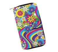 ZIATUBLES Portefeuille long pour femme en cuir synthétique durable avec pince à billets et porte-cartes de crédit Fermeture éclair, Groovy Hippie Daisy Flower, Taille unique