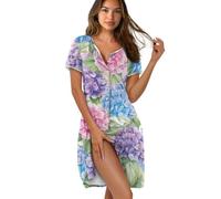ZIATUBLES Robe pyjama pour femme - Chemise de nuit boutonnée - Robe de nuit à manches courtes - Taille XS à 3XL, Fleur d'hortensia., M