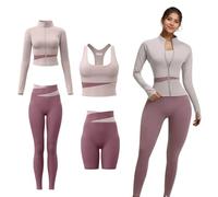 ZiaWorld Ensemble de yoga 4 pièces pour femme avec fermeture éclair - Veste à manches longues - Leggings de sport rembourrés - Pour course à pied, fitness - Survêtement sans couture, violet, L