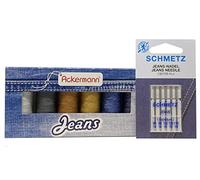ZickZackNaehmaschine Ackermann Kit de fils pour jeans + assortiment d'aiguilles Schmetz Jeans