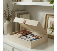 ZICOTO Boîte de rangement décorative pour photos avec couvercle - Un bel organisateur en lin parfait pour ranger en toute sécurité vos photos, documents, fournitures de scrapbooking, souvenirs et