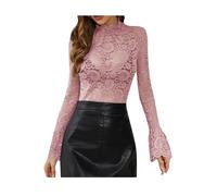 ZICUE Femmes Bodysuit à Manches Longues Floral Tops Solid Slim Fit Undershirt Halloween Mock Neck Blouse Lotus Root M