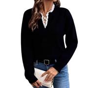 ZICUE Femmes Couleur Bloc Pull Doux Dentelle Garniture Travail Bureau Jumper Hiver Automne Pull Noir L
