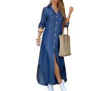 ZICUE Femmes Fashion Floral Print Dress Loose Button Shirt Dress Side Fork Maxi Summer Beach Dress avec Poches Denim XL