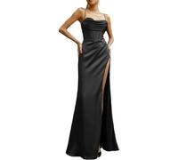 ZICUE Femmes Robes De Bal en Satin Style Sirène Plissées Robe De Soirée à Bretelles Spaghetti Corset Et Robe Longue élégante Noir M