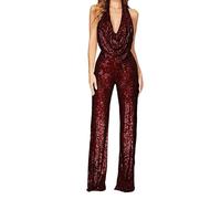 ZICUE Femmes Solid Party Baggy Overalls Pantalon Retro Disco Romper Halter One Piece Clubwear Vin Rouge 2XL