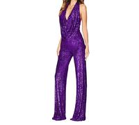 ZICUE Femmes Solide One Piece Retro Overalls Pantalon Party Cocktail Romper Deep V Neck Disco Clubwear Violet S