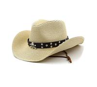 ZIDDAR Chapeau de cowboy ethnique en paille tissée pour homme, modèle occidental, chapeau de tissage de paille pour adulte extérieur avec corde antidérapante pour grand bord incurvé, beige, Taille