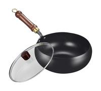 zidiau Poêle à frire en fonte forgée à la main de 24 cm avec couvercle anti-adhésif Wok en acier inoxydable sans revêtement en acier au carbone pour cuisinière à gaz à induction (couvercle en verre)