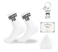 Zidoley Cadeau d'anniversaire 18 ans, chaussettes d'anniversaire 18 ans, carte d'anniversaire, porte-clés, enfin 18, chaussettes de tennis, chaussettes de sport, 39-45