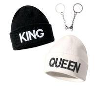 Zidoley Cadeaux de Noël pour lui et elle, lot de 2 bonnets d'hiver King Queen avec porte-clés pour couple, cadeau pour amoureux, preuve d'amour, cadeau pour couple