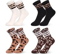 Zidoley Chaussettes Sport Motif Léopard Femme lot de 4, chaussettes antidérapantes femme Chaussettes de Tennis Leo - chaussettes mi-mollet Femme - Lot Crew Socks de léopard