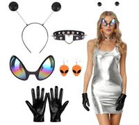 Zidoley Costume d'Alien pour femme - Lot de 5 serre-tête extraterrestres noirs, boucles d'oreilles rouges, ras-de-cou, gants et lunettes pailletées, tenue Space Girl pour carnaval et Halloween