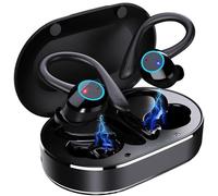 ZIDOXING Écouteurs de sport sans fil noirs avec crochets d'oreille, Bluetooth 5.0 True Wireless Headphones, crochets supra-auriculaires sécurisés, 48 heures d'autonomie avec étui de charge, résistants