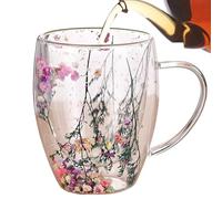 Ziennhu Tasse Cappuccino Double Paroi 350ml En Verre Borosilicate, Mug Transparent Avec Poignée, Boisson Chaude, Café, Thé, Latte, Design Fleurs Séchées, Isolant Thermique Élégant