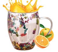 Ziennhu Tasse Cappuccino Double Paroi 350ml En Verre Borosilicate, Mug Transparent Avec Poignée, Boisson Chaude, Café, Thé, Latte, Design Fleurs Séchées, Isolant Thermique Élégant