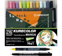 Zig Kurecolor Fine&brush Kit De Démarrage 13 Couleurs Avec Carnet De Croquis Et Stylo Mangaka, Marqueurs À Double Pointe À Base D'alcool, Pour Professionnels, Artistes, Fabriqué Au Japon[Z4538]
