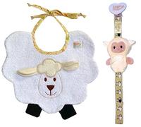 Zigozago - Ensemble pour bébé composé d'un bavoir et d'une chaîne porte-tétine en forme de MOUTONS