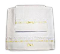 Zigozago - Ensemble set complet 3 pieces parure de petit lit literie pour bébé - Drap de berceau en piquet de coton fait main avec dentelle sangallo et ruban de satin- Couleur: Jaune