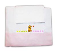 Zigozago - Ensemble set complet 3 pieces parure de petit lit literie pour bébé - Drap de coton piqué fait main pour lit de bébé avec broderie Petit Ours- Couleur: Bleu