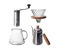ZIGUIhsou-11 Bouilloires à café Goutte à Goutte Ensemble de cafetière avec Manche en Bois en Acier Inoxydable, broyeur Manuel, Machine à Grains de café en Verre, Filtre épais, Tasse de Partage