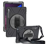 ZiHang Coque Antichoc pour Samsung Galaxy Tab S7 Plus 12.4 T970 T975, Housse de Protection Robuste à Rotation avec Béquille, Bandoulière Réglable, Porte-Crayon, pour Galaxy Tab S7 Plus 12.4" (Noir)