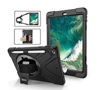 ZiHang Coque Compatible avec iPad 9.7 2017 2018, 4 Couches de Protection, Incarné d'un Support Rotatif à 360 degrés, Dragonne et Bandoulière, avec Porte-Stylo pour iPad 9.7 2017 2018 (Noir)