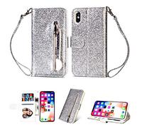 ZiHang Coque pour iPhone XR, Glitter PU Paillette Rabat Portefeuille Etui en Cuir,Slim Folio à Clapet avec Porte Carte Dragonne Stand Antichoc Housse de Protection (Argent)