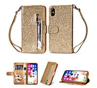 ZiHang Coque pour iPhone XR, Glitter PU Paillette Rabat Portefeuille Etui en Cuir,Slim Folio à Clapet avec Porte Carte Dragonne Stand Antichoc Housse de Protection (Or)