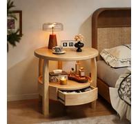 Zihpil Table Basse Ronde avec Tiroir Caché | Table D'appoint avec Rangement, Petite Table De Chevet pour Salon, Table D'appoint Circulaire Rustique pour Canapé,Beige,58cm