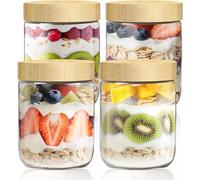 Zikenis 4 pièces Overnight Oats Jar 500ml,Bocaux en Verre Hermétique,Mason Jar avec Couvercles en Bois à Vis Scellésm,pour yaourt,Pudding,Chutneys,porridge,L'Avoine,Salade