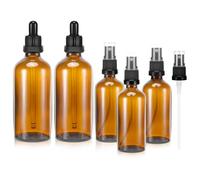 Zikenis Lot de 5 flacons pulvérisateurs marron, 2 x 100 ml, 3 x 50 ml avec protection UV, compte-gouttes et pointes de pulvérisation interchangeables, forte étanchéité, portable, réutilisable, verre,