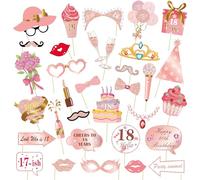 Zilams 33 Pièces Accessoires Photobooth Decoration Anniversaire Doré Rose 18 Ans, Kit Photobooth DIY Accessoires et Décorations Photo de Fête pour Noël, Anniversaires, Mariages