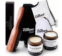 ZilberHaar - Kit de Soins pour Barbe Homme - 1 Brosse à Barbe Regular + 1 Baume à Barbe + 1 Crème Hydratante + 1 Bavoir à Barbe - Poils de Sanglier Rigides - Pochette en Velours