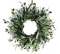 Zilimontt Couronne d'olivier verte artificielle pour porte d'entrée | Guirlande d'eucalyptus synthétique faite à la main avec base en rotin | Décoration de ferme toute l'année pour porche, mur