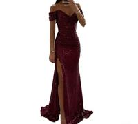 Zilimontt Robe longue pour femme, épaules dénudées, robe de soirée à paillettes, robe longue élégante à paillettes fines fendues et col en V, pour toutes les saisons événements et fêtes (L rouge vin)