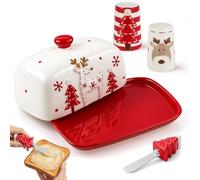 Ziliny Lot de 4 plats de Noël comprenant 1 beurrier en céramique avec couvercle, 2 salières et poivrières et 1 épandeur à fromage en forme d'arbre de Noël avec lames en acier inoxydable pour un dîner